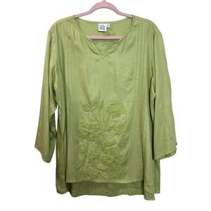 Artful Cottage Sage Green Floral Embroidered Tunic Top‎ Blouse L Lagenlook Boho